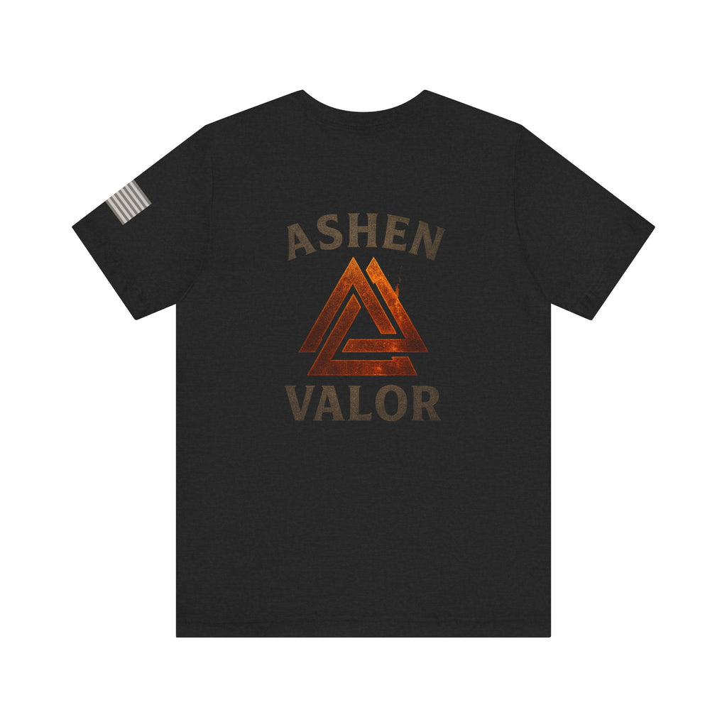 Ashen Valor Flame Logo Tee – Front AV Emblem & Back Fire Graphic