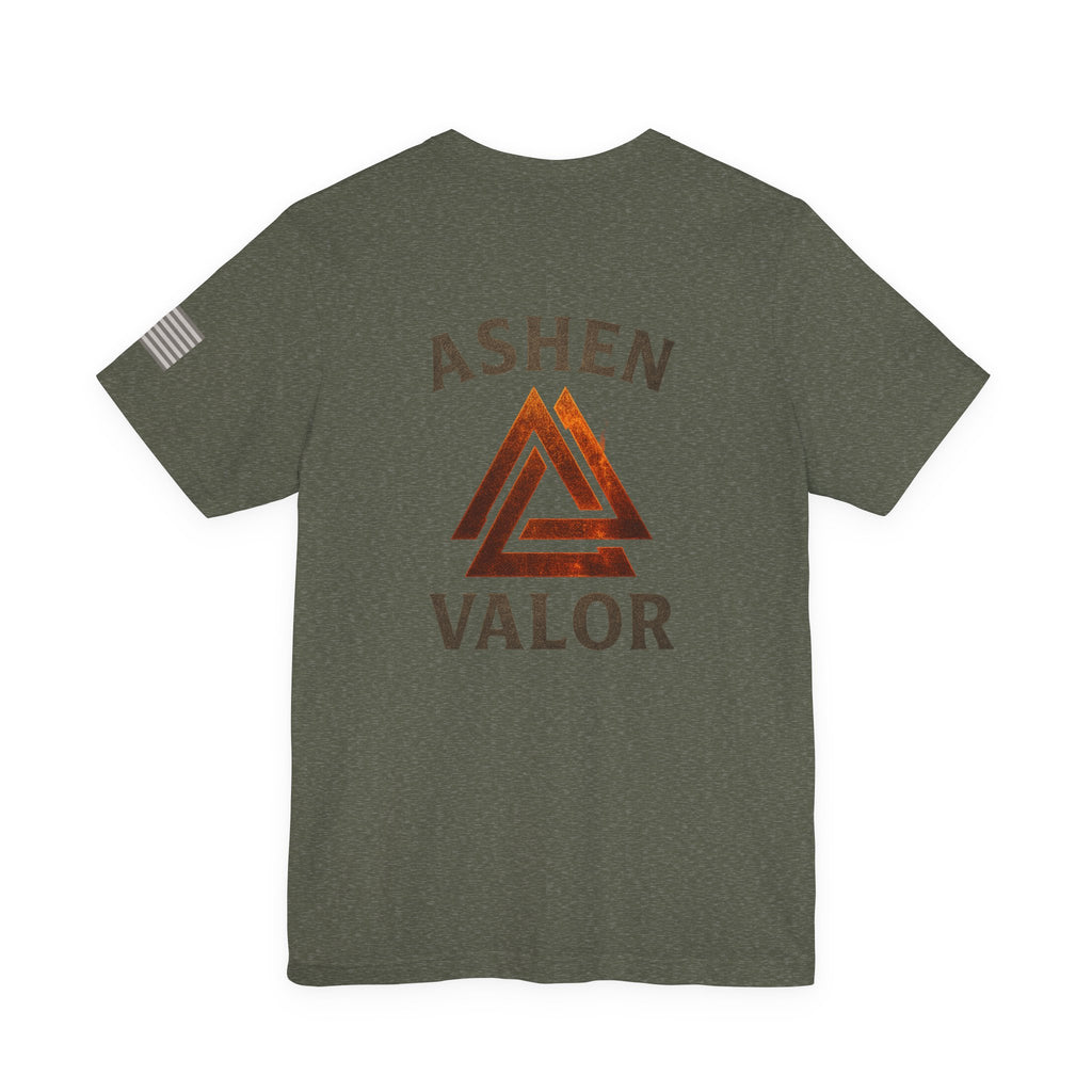 Ashen Valor Flame Logo Tee – Front AV Emblem & Back Fire Graphic