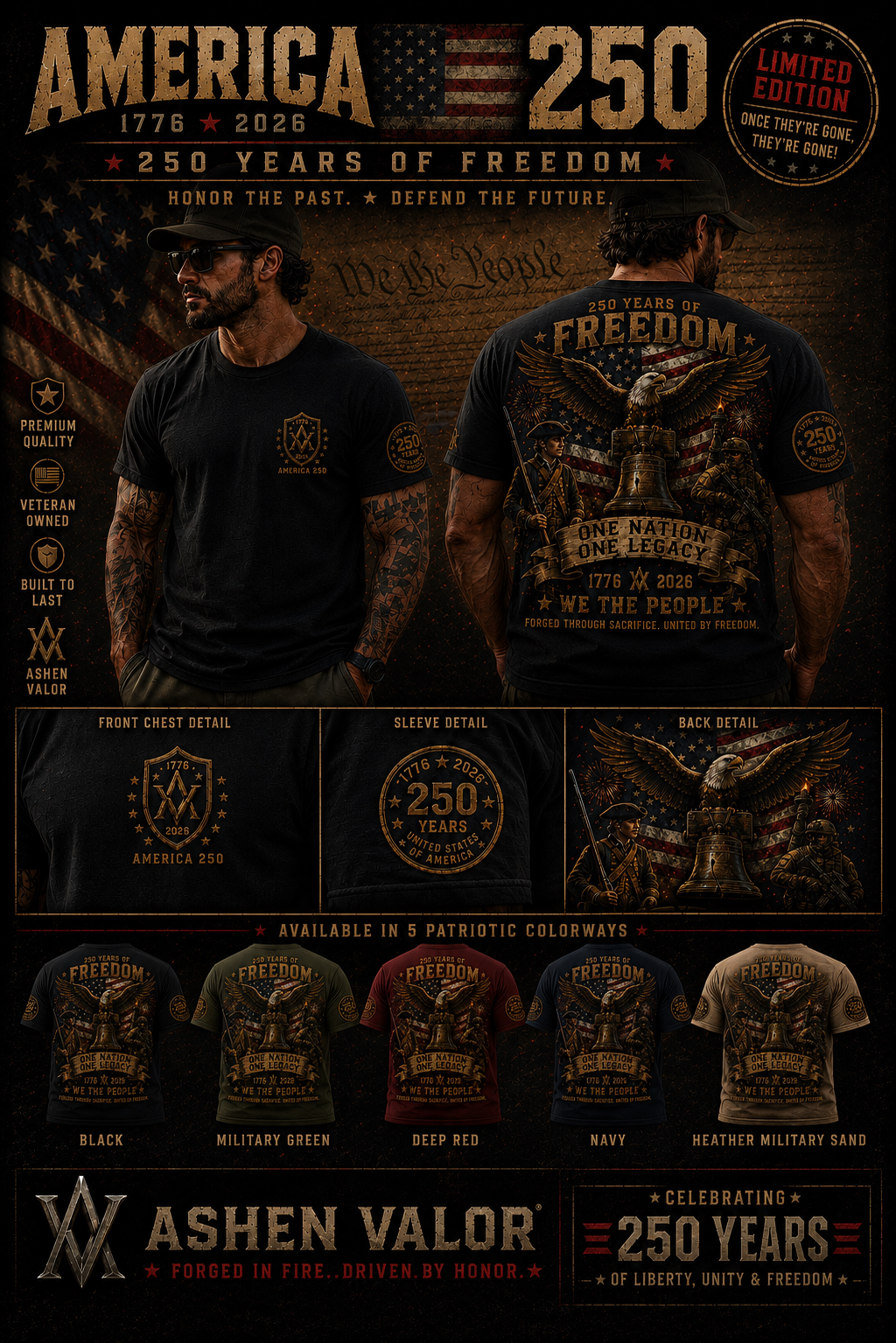 America 250 — "250 Years of Freedom: One Nation, One Legacy" Patriotic Tee
