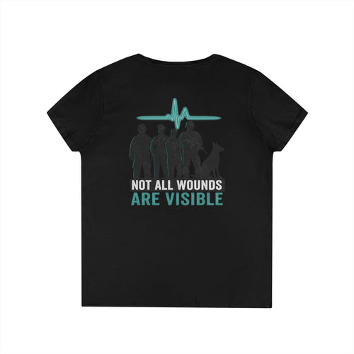 Ashen Valor Women’s V-Neck Tee – Not All Wounds Are Visible/ Embrace Awareness, Military Support, Everyday Comfort, Gift for Her, Not All Wounds Are Visible