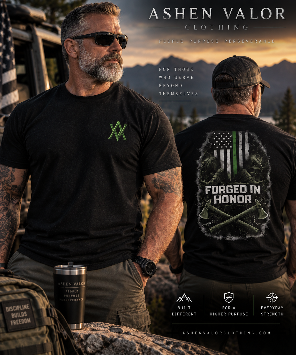 Ashen Valor Forged in Honor Thin Green Line T-Shirt lifestyle image
