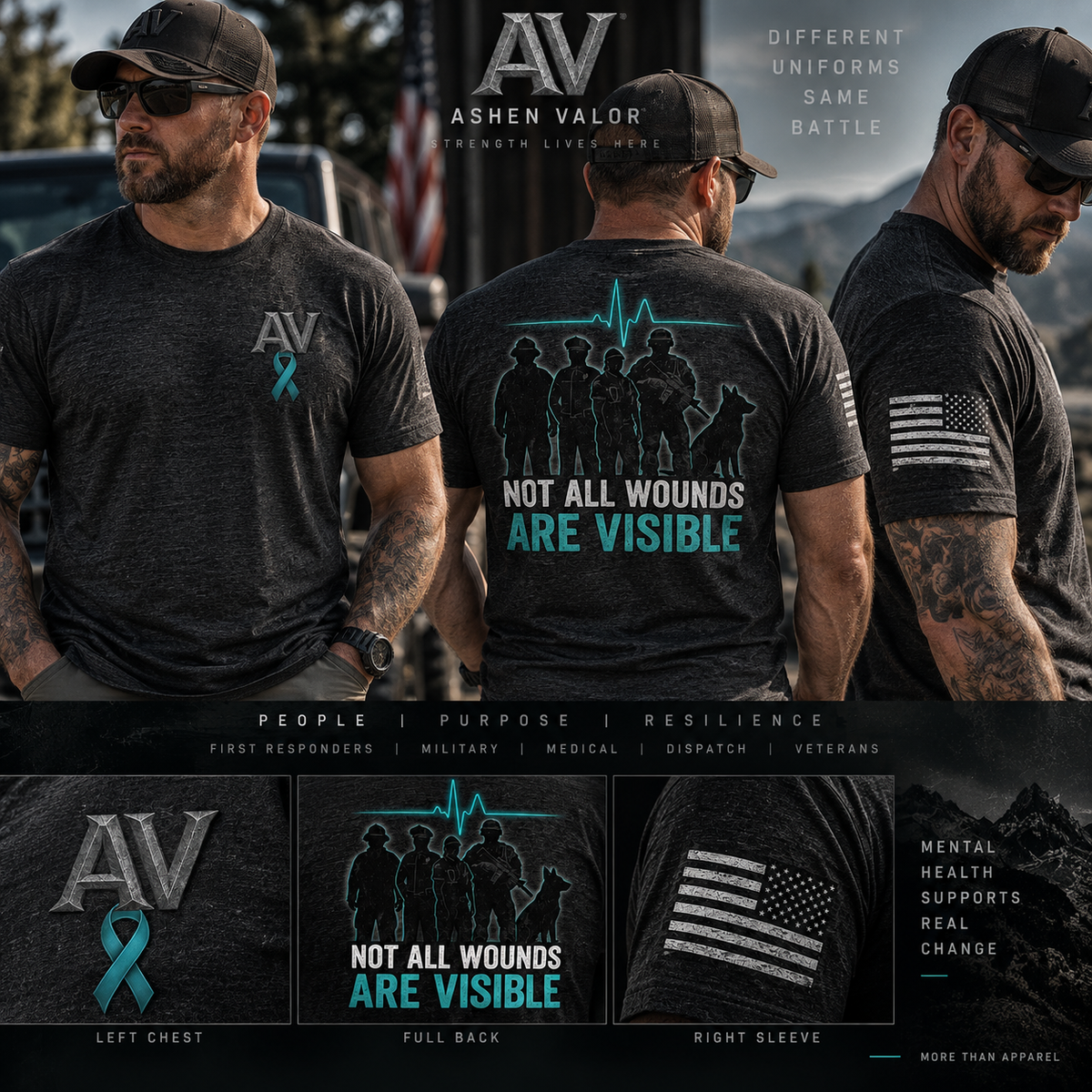 Ashen Valor Not All Wounds Are Visible First Responder Tribute Tee men's lifestyle mockup showing left chest, full back, and right sleeve artwork