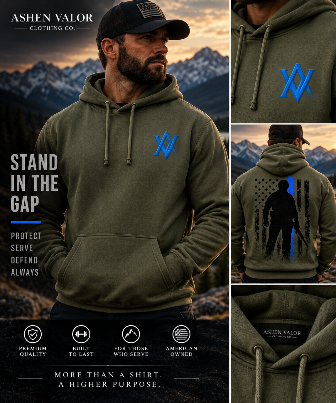 Ashen Valor Stand in the Gap Thin Blue Line Tactical Hoodie lifestyle mockup in Military Green showing blue AV chest logo and distressed tactical back graphic
