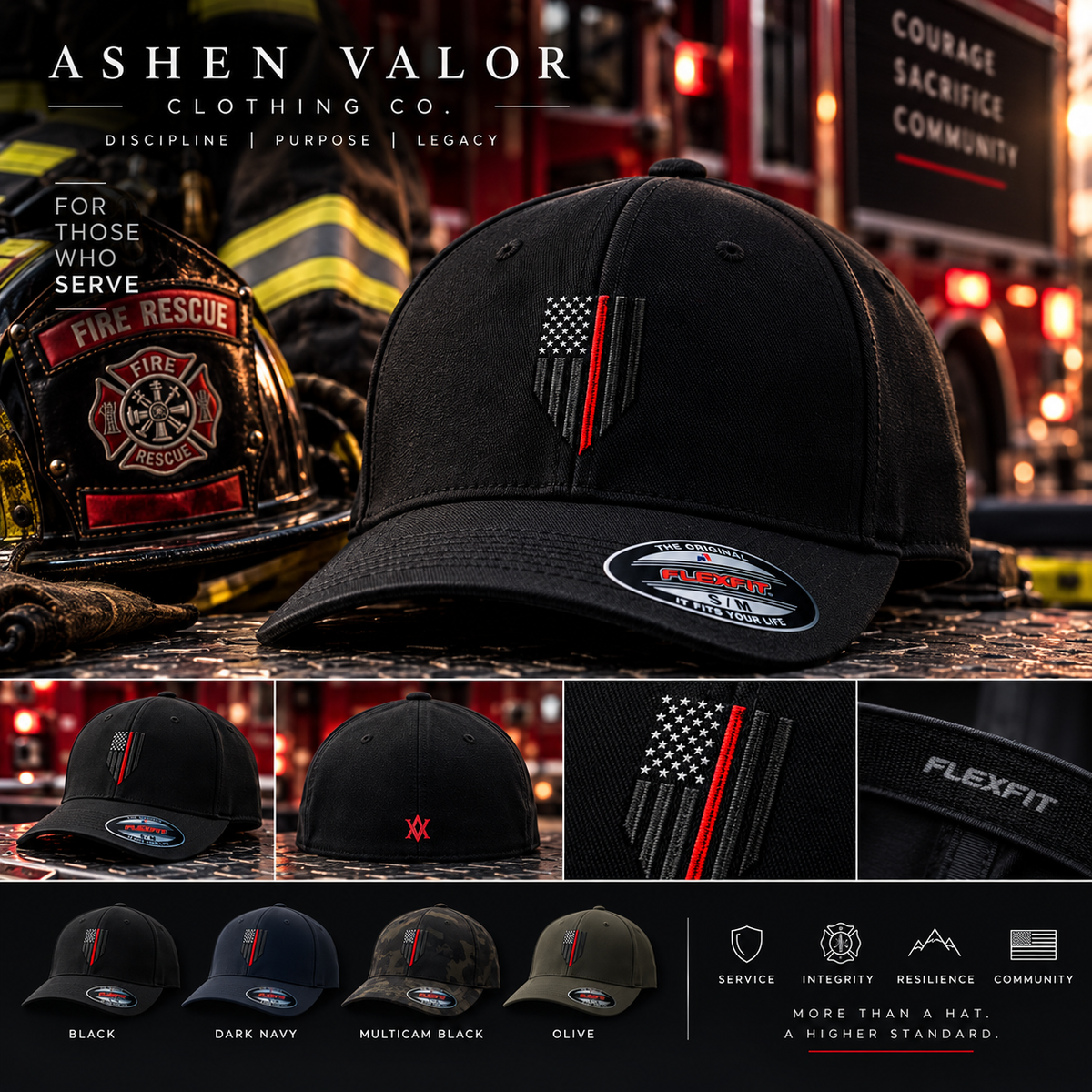 Ashen Valor Thin Red Line Flexfit Hat firefighter lifestyle image showing front embroidery, rear AV detail and color options