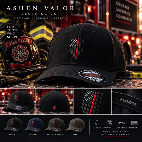Ashen Valor Thin Red Line Flexfit Hat firefighter lifestyle image showing front embroidery, rear AV detail and color options