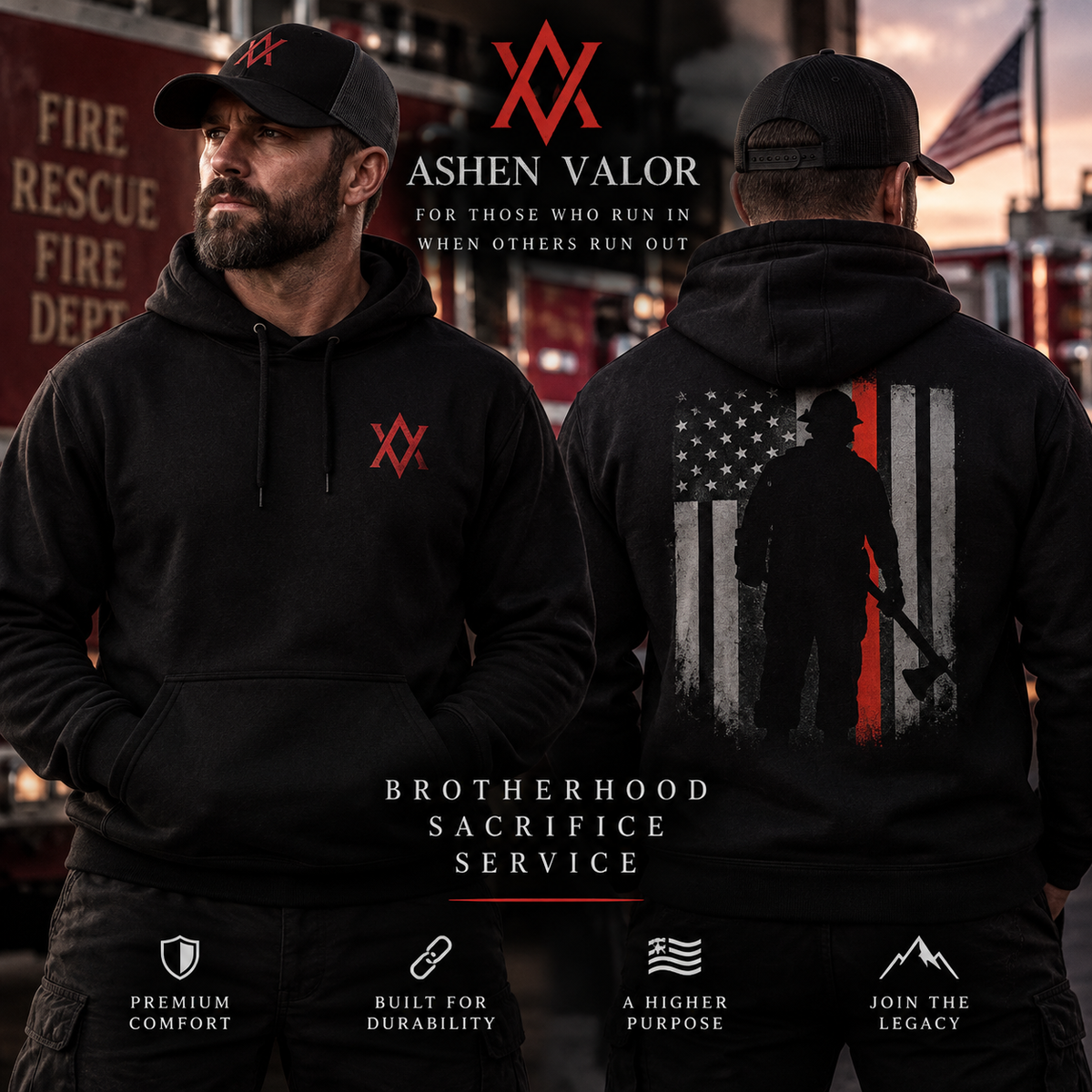 Ashen Valor Thin Red Line Hoodie lifestyle image showing front red AV chest logo and firefighter Thin Red Line back design