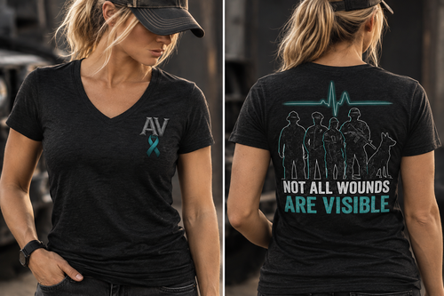 Ashen Valor Women's Not All Wounds Are Visible V-Neck lifestyle mockup showing front chest and back artwork