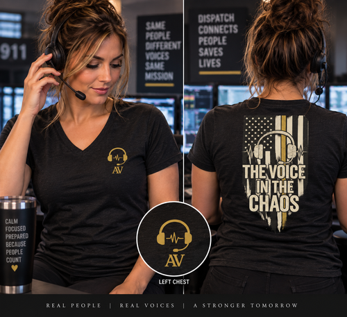 Ashen Valor Women's Voice in the Chaos Dispatcher V-Neck lifestyle mockup showing front left chest AV dispatcher logo and back Thin Yellow Line design