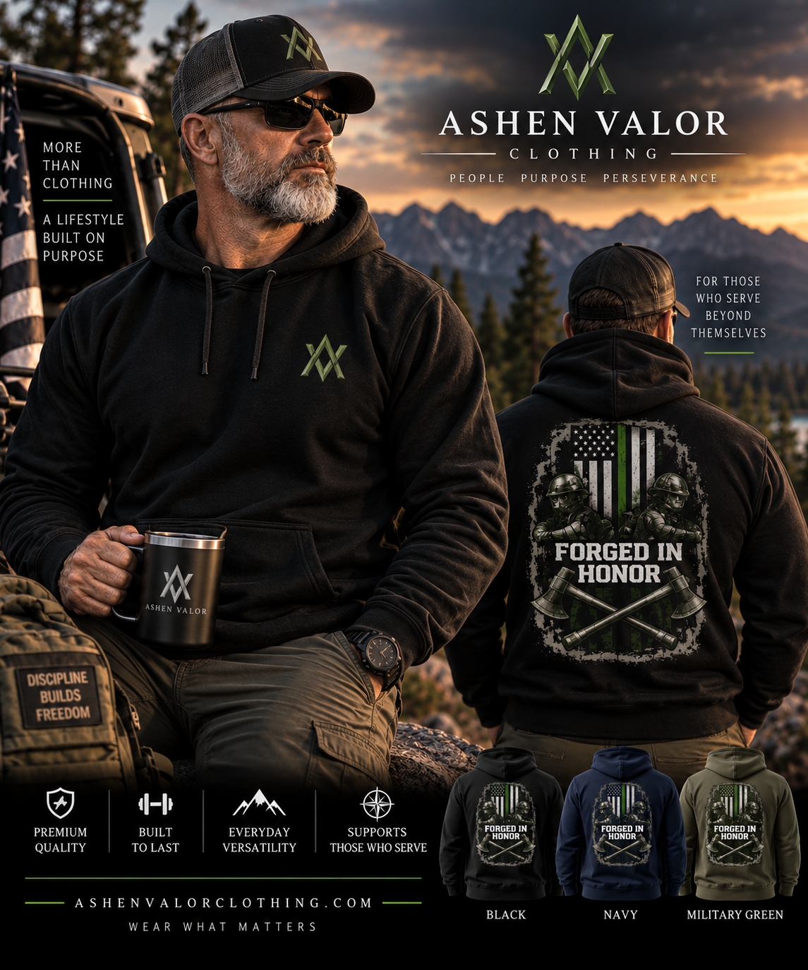 Ashen Valor Forged in Honor Thin Green Line Hoodie lifestyle image